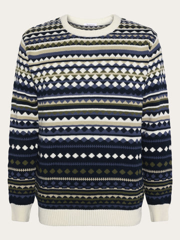 KnowledgeCotton Apparel - MEN Regular jaquard crew neck knit - Regenerative Organic Certified™ - GOTS/Vegan Knits 8021 Blue stripe