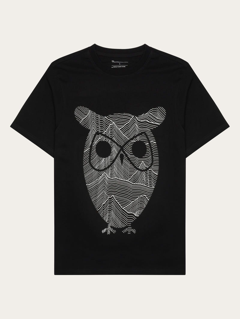 KnowledgeCotton Apparel - MEN Regular single jersey mountain owl printed t-shirt - Regenerative Organic Certified™ - GOTS T-shirts 1300 Black Jet