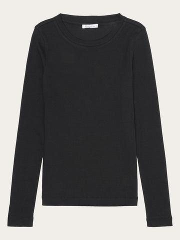KnowledgeCotton Apparel - WMN Rib Scoop neck long sleeved Long Sleeves 1300 Black Jet
