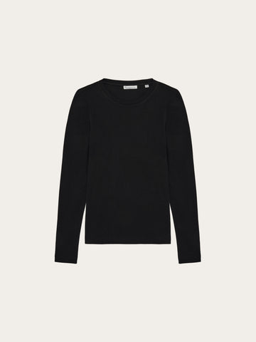 KnowledgeCotton Apparel - WMN Rib Scoop neck long sleeved Long Sleeves 1300 Black Jet