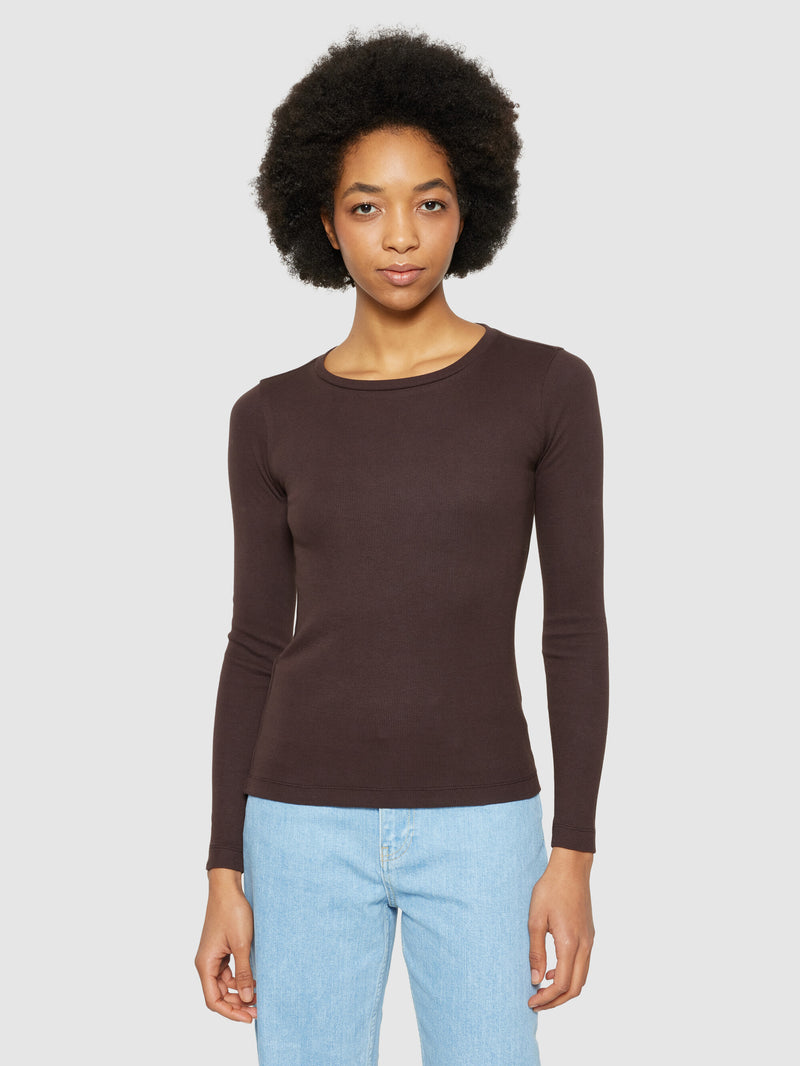 KnowledgeCotton Apparel - WMN Rib Scoop neck long sleeved T-shirts 1394 Chocolate Plum