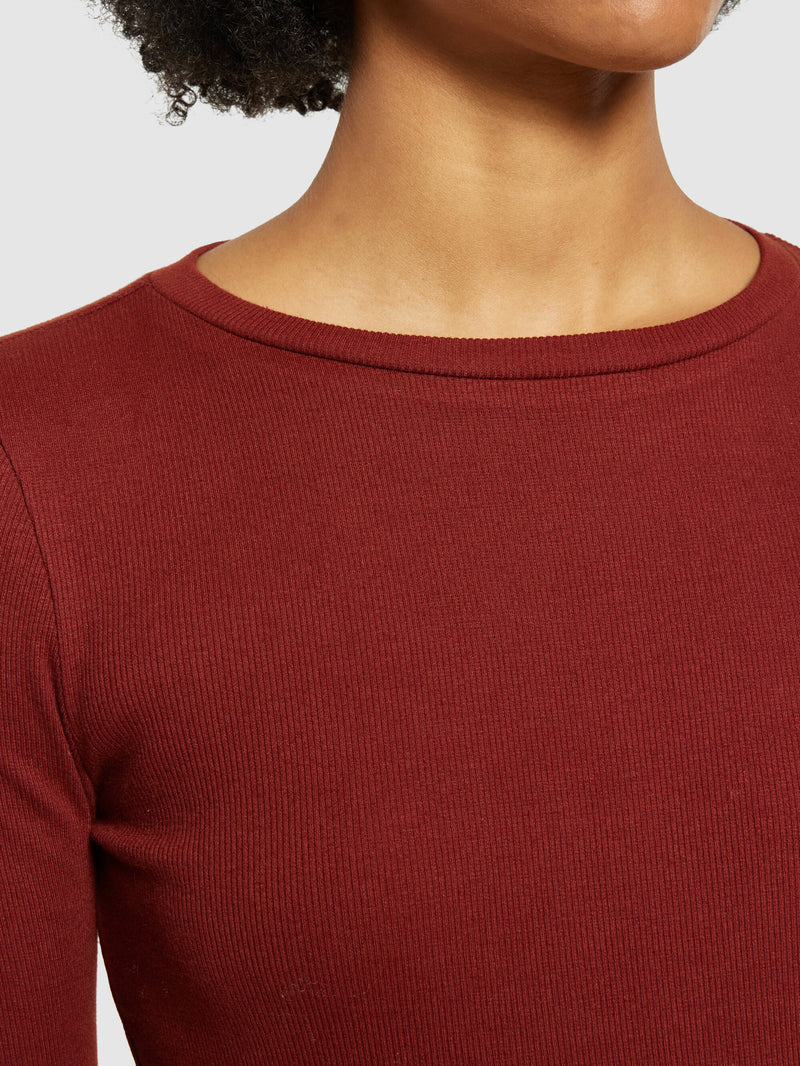 KnowledgeCotton Apparel - WMN Rib Scoop neck long sleeved T-shirts 1478 Fired Brick