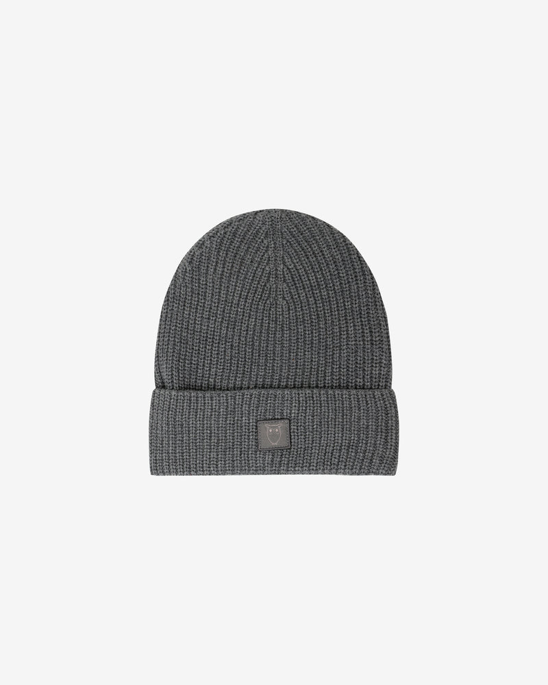 KnowledgeCotton Apparel - UNI Rib badge beanie Hats 1073 Dark Grey Melange