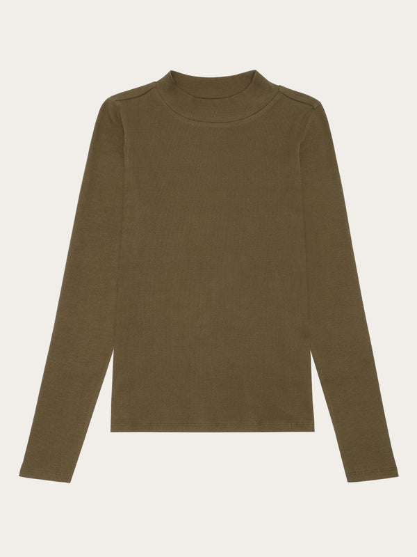 KnowledgeCotton Apparel - WMN Rib high neck LS T-shirts 1100 Dark Olive