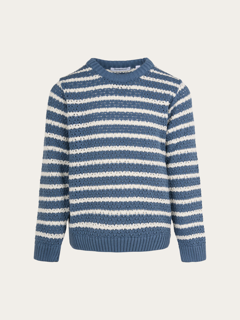 KnowledgeCotton Apparel - YOUNG Striped eyelet crew neck knit Knits 1361 China Blue