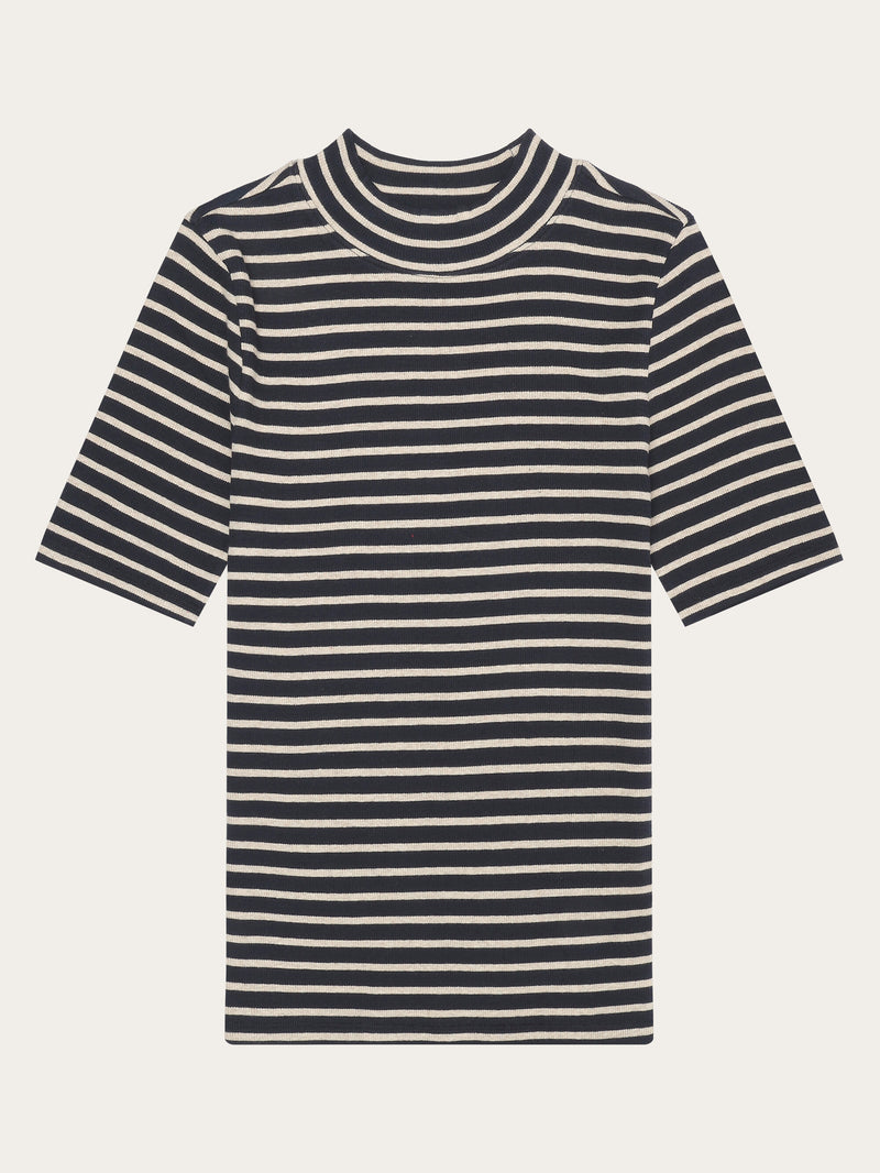 KnowledgeCotton Apparel - WMN Striped rib high neck short sleeved T-shirts 8003 Stripe - navy