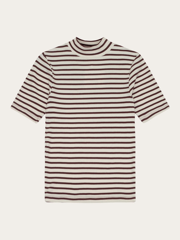 KnowledgeCotton Apparel - WMN Striped rib high neck short sleeved T-shirts 8009 Stripe - brown