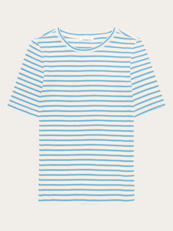 KnowledgeCotton Apparel - WMN Striped rib t-shirt T-shirts 8021 Blue stripe