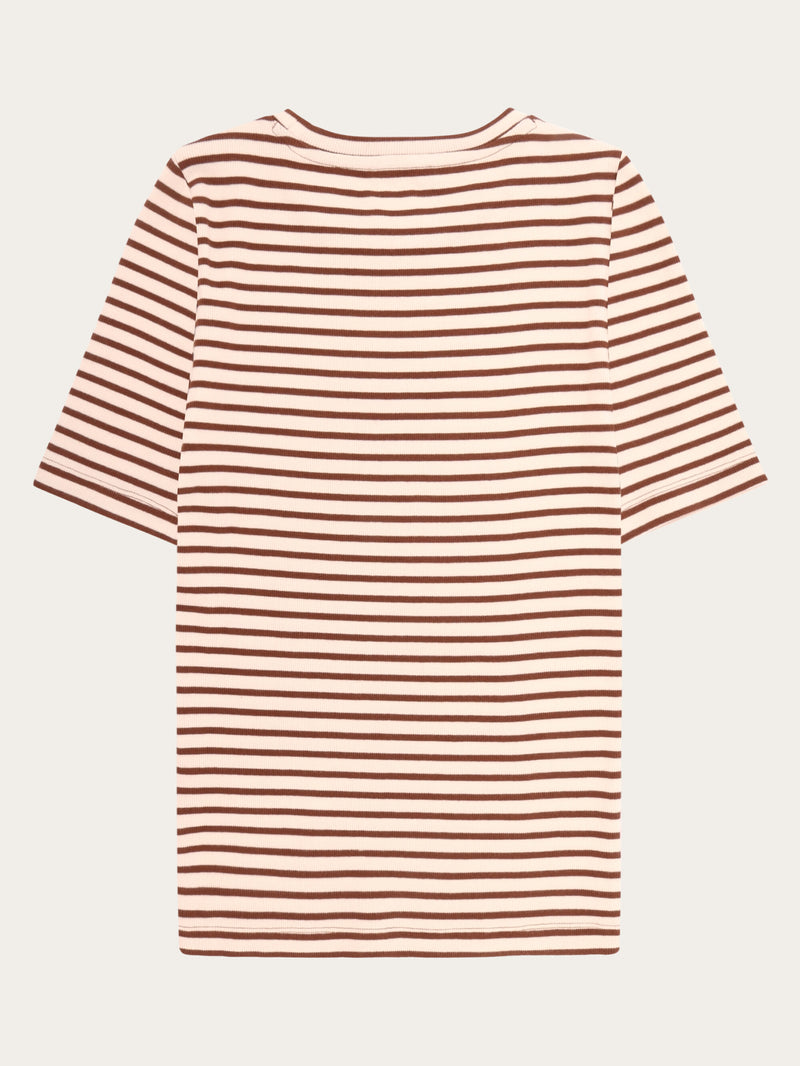KnowledgeCotton Apparel - WMN Striped rib t-shirt T-shirts 8026 Brown stripe