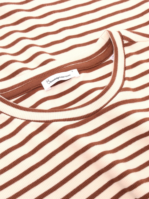 KnowledgeCotton Apparel - WMN Striped rib t-shirt T-shirts 8026 Brown stripe