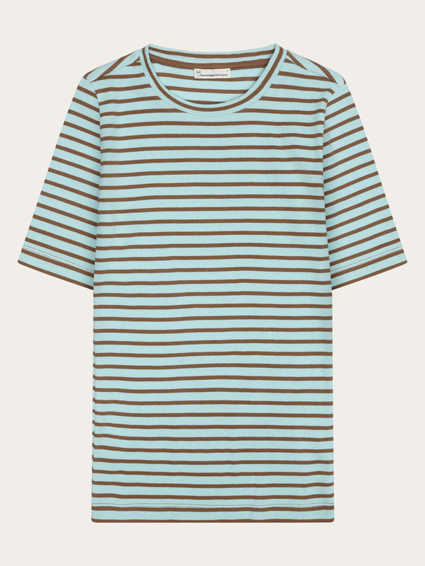 KnowledgeCotton Apparel - WMN Striped rib t-shirt T-shirts 8034 Light Blue Stripe