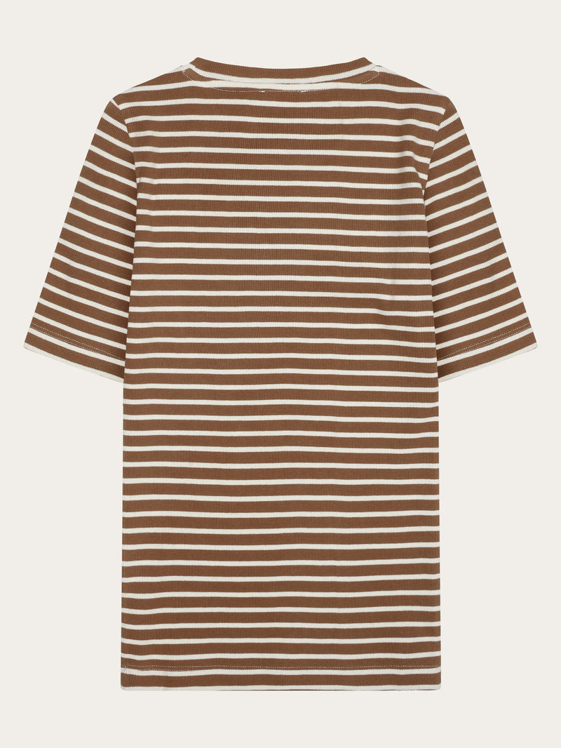 KnowledgeCotton Apparel - WMN Striped rib t-shirt T-shirts 8035 Dark Brown Stripe