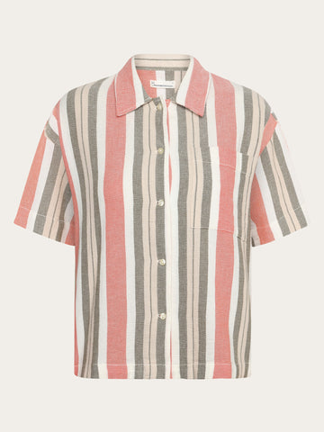KnowledgeCotton Apparel - WMN Striped short sleeved shirt - GOTS/Vegan Shirts 8023 Green stripe
