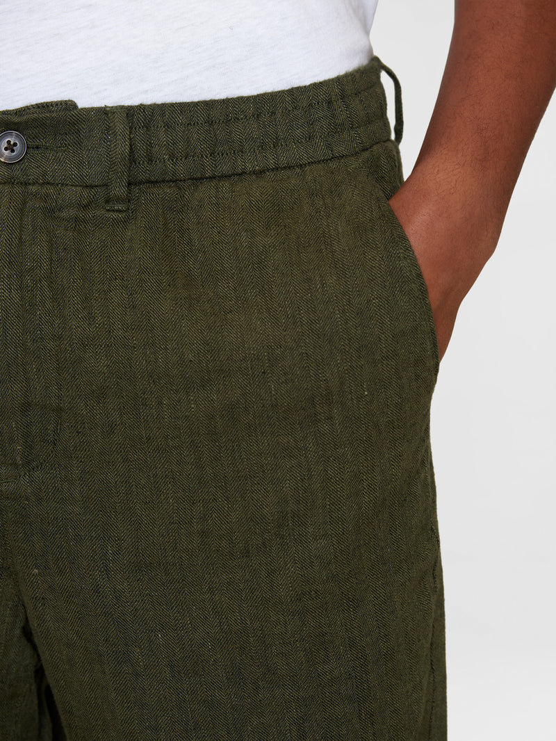 KnowledgeCotton Apparel - MEN TIM tapered herringbone linen elastic waist string pants - GOTS/Vegan Pants 1068 Burned Olive