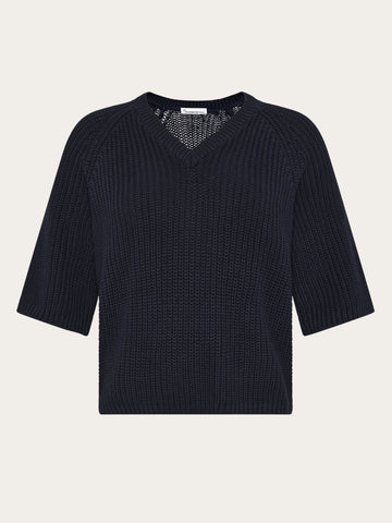 KnowledgeCotton Apparel - WMN V-neck short sleeve knit Knits 1412 Night Sky