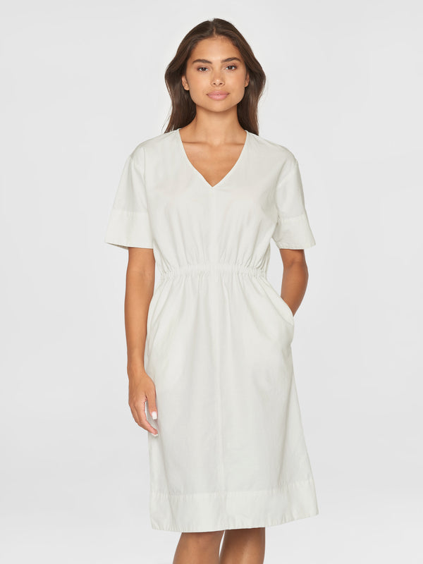 KnowledgeCotton Apparel - WMN V-neck slub yarn short sleeve midi dress - GOTS/Vegan Dresses 1387 Egret