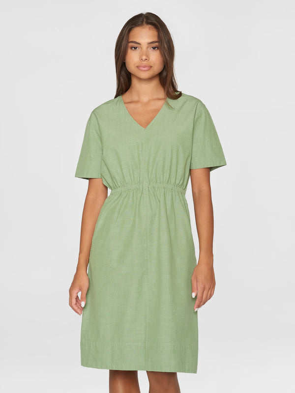 KnowledgeCotton Apparel - WMN V-neck slub yarn short sleeve midi dress - GOTS/Vegan Dresses 1454 Shale Green