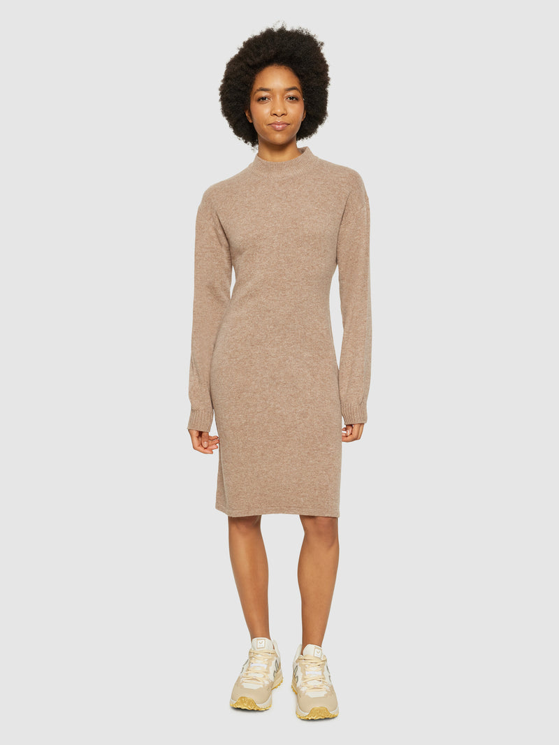 KnowledgeCotton Apparel - WMN Wool crew neck mid length dress Dresses 1336 Kelp melange