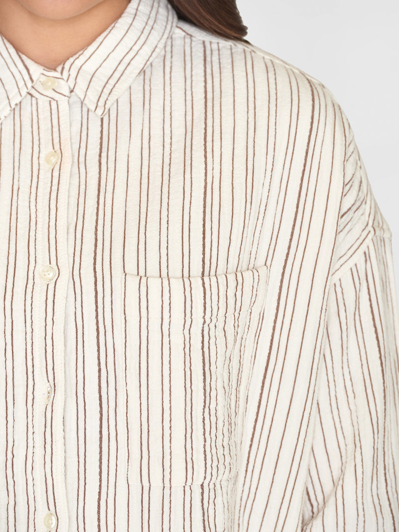 KnowledgeCotton Apparel - WMN Wrinkle stripe loose A-Shape Shirt - GOTS/Vegan Shirts 8026 Brown stripe