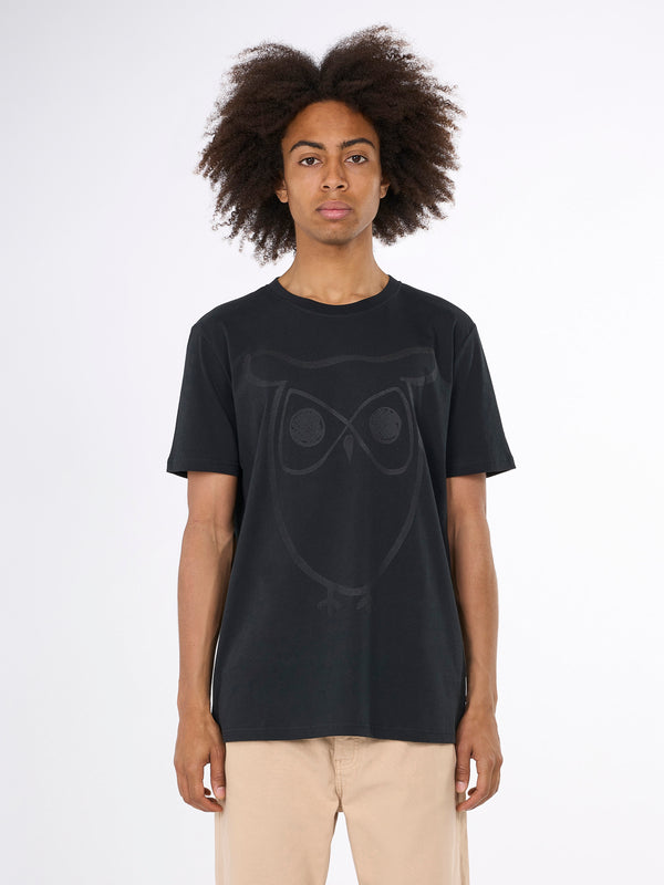 KnowledgeCotton Apparel - MEN Regular big owl front print t-shirt T-shirts 1300 Black Jet
