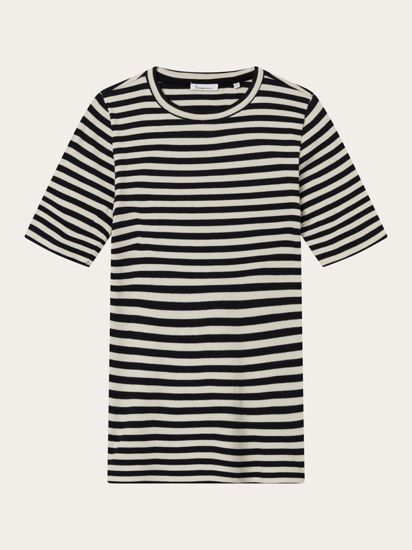 KnowledgeCotton Apparel - WMN Striped rib t-shirt T-shirts 8004 Stripe - black/white