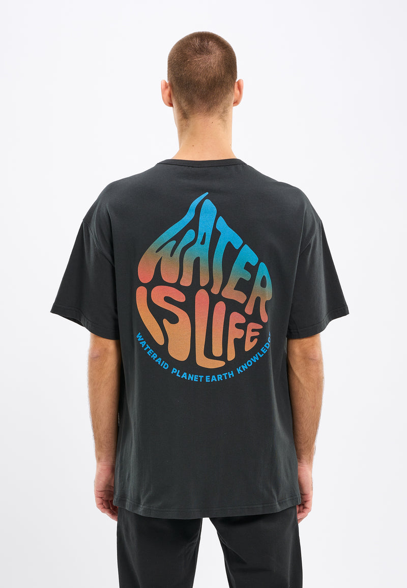 KnowledgeCotton Apparel - MEN WATERAID Water is Life oversize t-shirt chest and back print T-shirts 1300 Black Jet